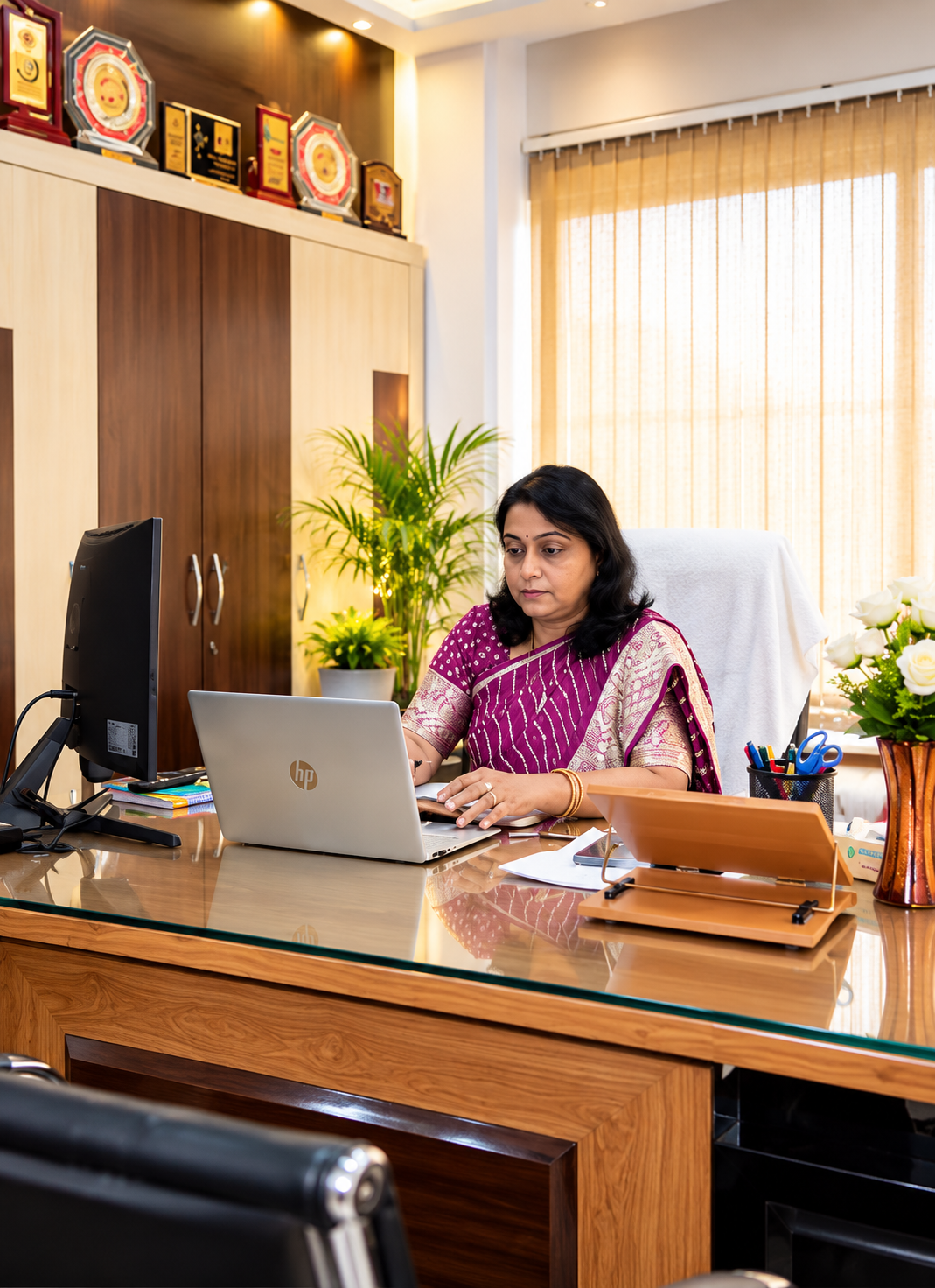 Professional Office Portrait with Awards and Laptop